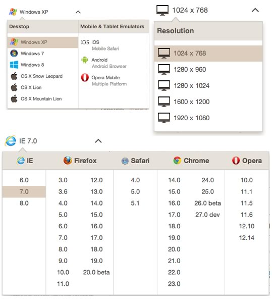 Browserstack.com opciones navegadores, dispositivos y resoluciones de pantalla