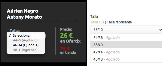 usabilidad selección de tallas desplegable más información