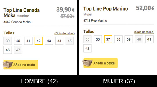 selección tallas botones preseleccionados hombre 42 y mujer 37